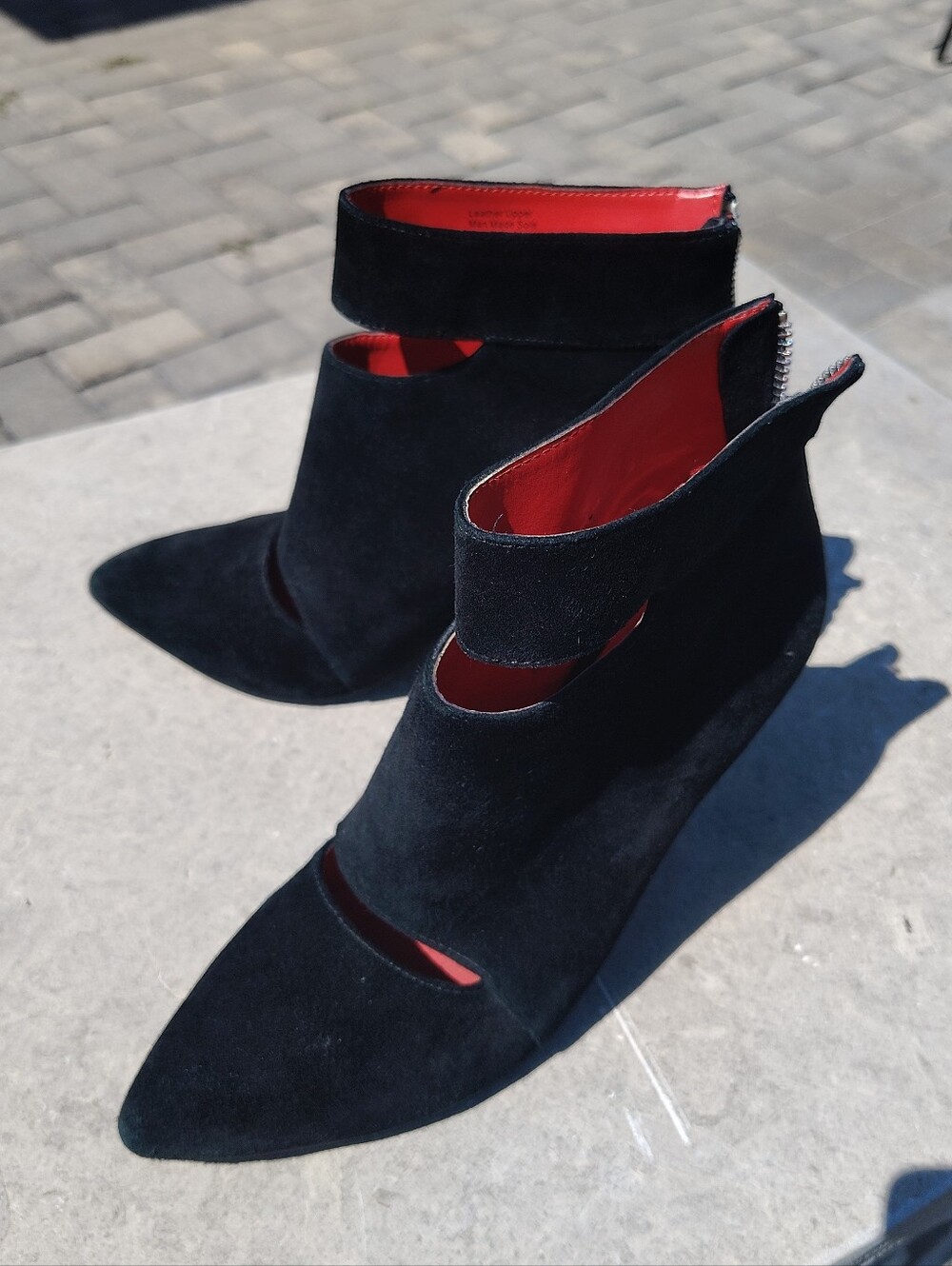 Charles Jourdan Black Suede Cutout Ankle Boots with Red Lining Sz 9